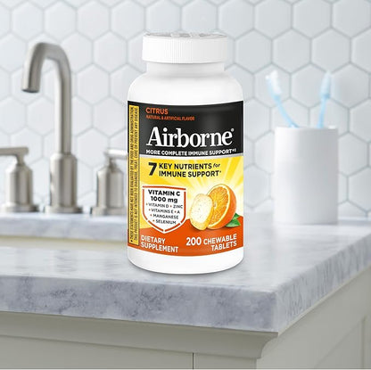 Airborne 1000mg Vitamin C with D and Zinc, Multivitamin Immune Support Supplement with Antioxidants A, C, and E, 200 Chewable Tablets, Citrus Flavor