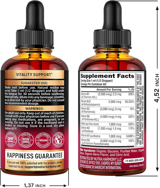USDA Organic Vitamin B-Complex B5 Pantothenic Acid | B12 Methylcobalamin | B1 Thiamine | B6 Pyridoxine | B7 Biotin | B9 Folic | B3 Niacinamide - B Complex Liquid Drops, Made in USA Supplement, 2fl oz