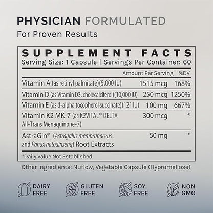 InfiniWell Defend Pro Bone & Immune Support Supplement - Vitamin A, D3 & K2 Supplement - Bioavailable, Active Nutrients - 250mcg VIT D - Aid Bone Strength, Heart Health & More (60 Capsules)