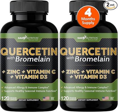 Gade Nutrition Quercetin with Vitamin C and Zinc - Quercetin 500mg - Quercetin with Bromelain - Zinc Quercetin - Quercetin Supplements + Vitamin D3 (Non-GMO, Gluten-Free, Vegan) - 4 Month Supply