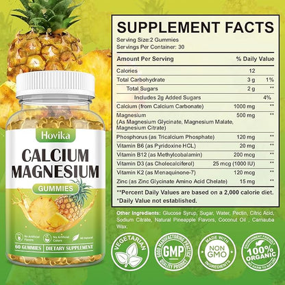 Calcium Magnesium Zinc Gummies, Calcium Magnesium 2:1 Ratio with Vitamin D3, K2, B6, B12 for Bone Strength, Muscle Function & Nerve Health, Extra Absorption Formula, Vegan, Pineapple Flavor 60 Gummies