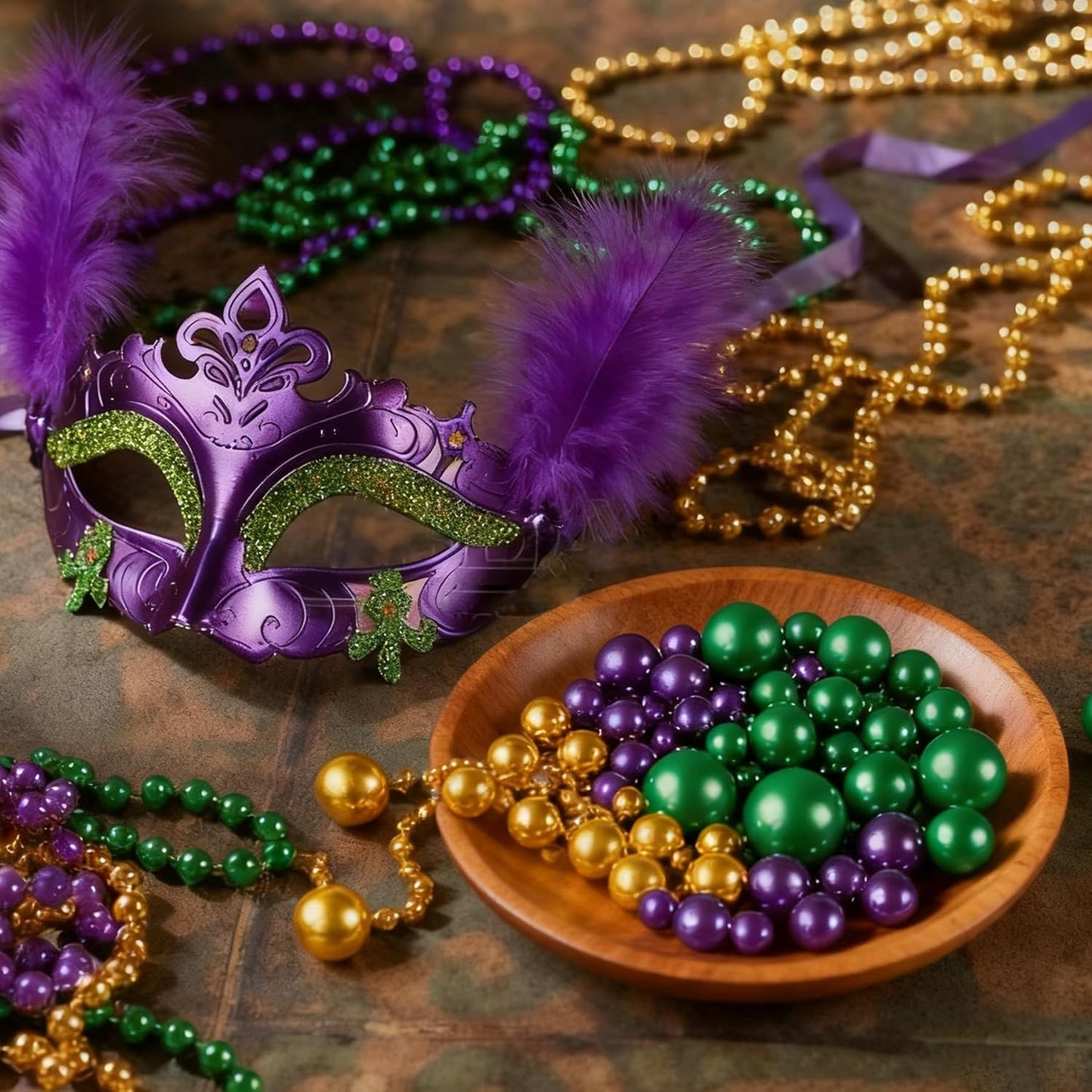 150Pcs Gold&Green&Dark Purple Polished Mardi Gras Beads for Vase Filling Decorations, Plastic Pearls Vase Fillers, Table Scatters, Mardi Gras Party, Home Decor, 8/14/20 mm