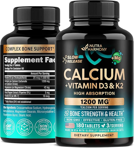 Calcium Supplements for Women - Calcium 1200 mg with Vitamin D3 & K2 - Bone Health, Strength & Density - High Absorption, Slow Release - Made in USA - Citrate & Carbonate Form, 180 Tablets for 2 Month