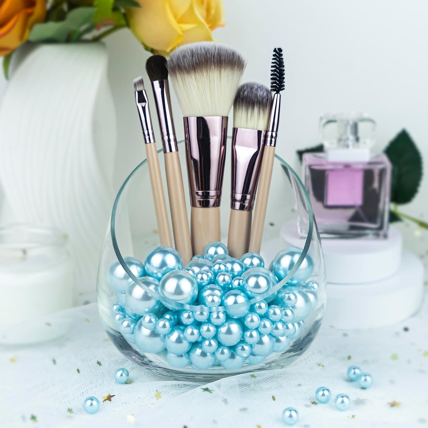 150Pcs Light Blue Polished No Hole Faux Pearl Beads for Vase Filling Decorations, Plastic Pearls Vase Fillers, Table Scatters, Wedding Centerpiece, Home Decor, 8/14/20 mm