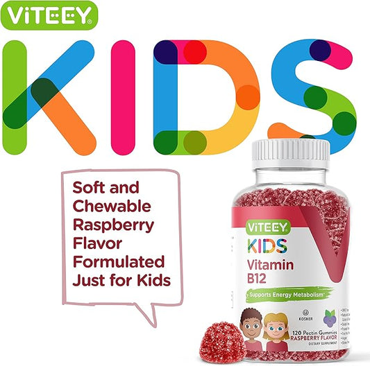 Viteey Vitamin B12 for Kids Gummies, 1000mcg - Metabolism, Natural Energy Support - Vegan, Gelatin Free, Gluten Free, GMO Free - Tasty Chewable B12 Raspberry Flavored Gummy