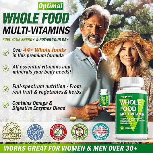 Vegan Whole Food Multivitamin for Men, Daily Multivitamin for Men and Women, Organic Fruits & Vegetables, B-Complex, Herb& Mushroom Blend, Omegas, Minerals, All Natural, Non-GMO, 180 Count