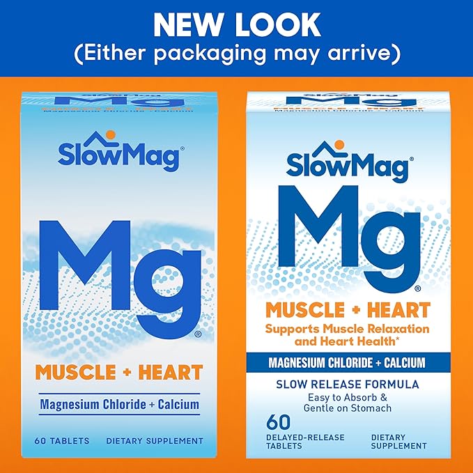 SlowMag Mg Muscle + Heart Magnesium Chloride with Calcium Supplement, 60 Count