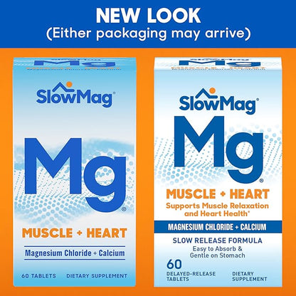 SlowMag Mg Muscle + Heart Magnesium Chloride with Calcium Supplement, 60 Count