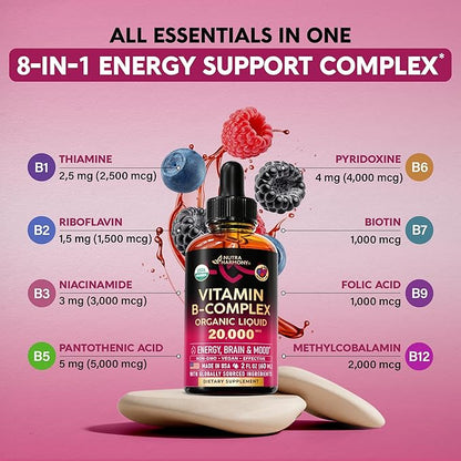 USDA Organic Vitamin B-Complex B5 Pantothenic Acid | B12 Methylcobalamin | B1 Thiamine | B6 Pyridoxine | B7 Biotin | B9 Folic | B3 Niacinamide - B Complex Liquid Drops, Made in USA Supplement, 2fl oz