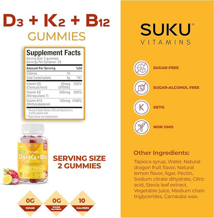 Vegan D3 + K2 + B12 Sugar-Free & Sugar-Alcohol-Free Keto 2000IU Vitamin D Gummy Supplement for Healthy Bones, Immune Function, Healthy Metabolism, Lemon Dragon Fruit Flavor (50 Gummies)