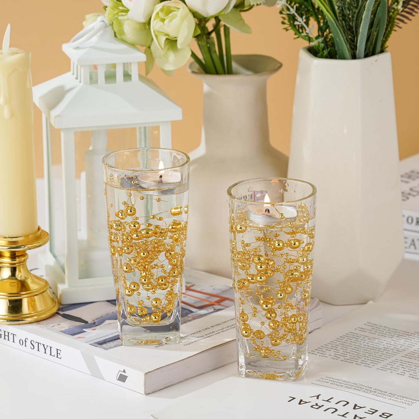 13Feet Pearl String Spool Roll for Floating Candles Faux Pearls Strands Garland for Vase Filler Wedding Centerpiece Christmas Table Decor (Gold)