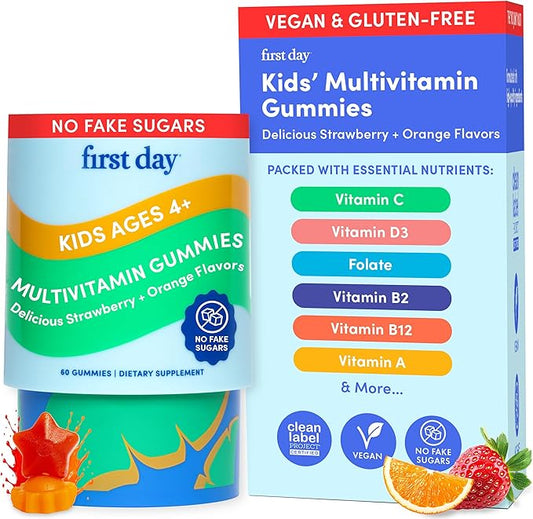First Day Kids Multivitamin Gummies Age 4+, Strawberry & Orange - Kids Vitamins Multivitamin Gummy A C D3 K2 B1 B2 B6 B12 Folate, Immunity & Brain Function, Vegan - 30 Day Supply, Packaging May Vary