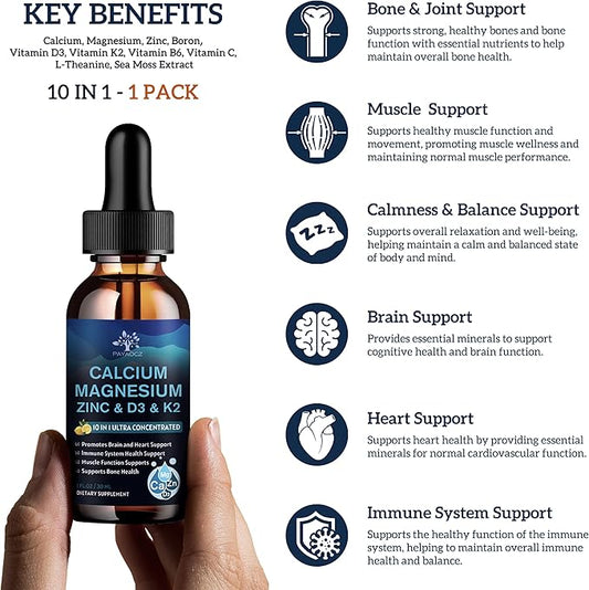 (1 Pack) Magnesium Calcium Zinc Supplement with Vitamin D3 K2 for Women, Magnesium Glycinate Vegan Liquid Drops for Adult Plus L-Theanine Boron Sea Moss Extract, Bone, Sleep & Leg Cramps, 1 Fl Oz