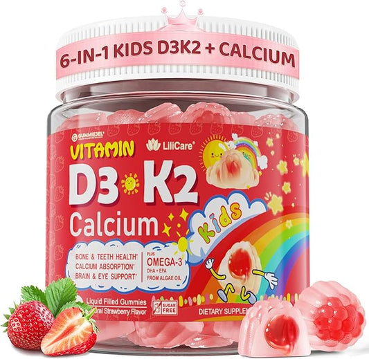 Vitamin D3 K2 + Calcium Liquid-filled Gummies for Kids & Teens, 1000IU/2000IU D3 with Magnesium, Algal Omega 3, Vitamin for Kids for Bones & Teeth, Calcium Absorption, Brain, Immunity,Sugar-Free,60Cts