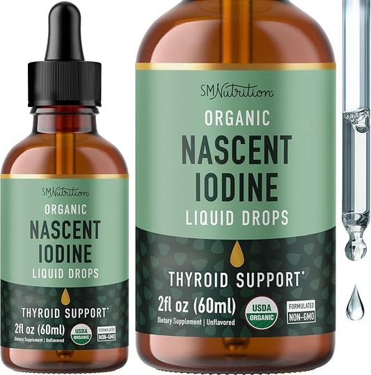 Organic Iodine Liquid for Thyroid Support | Nascent Iodine Supplements | USDA Certified Organic | Decolorized Potassium Iodide Liquid for Thyroid Support | 1100 mcg | 2 Fl Oz, Over 1-Year Supply