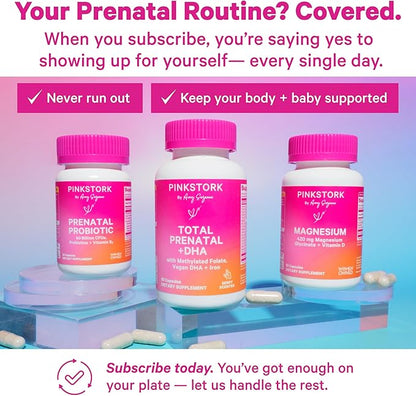 Pink Stork Total Prenatal Vitamins with DHA, Folate, Iron, Choline, and Vitamin B12 - Prenatals for Women to Support Fetal Development, Pregnancy Essentials, Berry Essence, 60 Capsules, 1 Month Supply