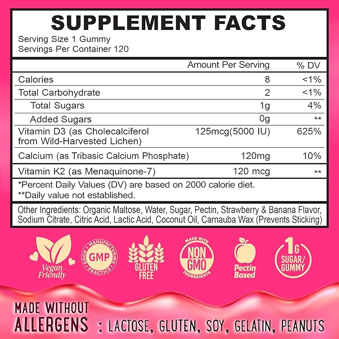 Center-Filled Vitamin D3 K2 Gummies - Kids, Teens & Adults - Supplement for Healthy Teeth, Bone, Energy & Immunity - 5000 IU D3, 120 mcg K2(MK-7), 120 mg Calcium - Vegan & Non-GMO - 120 Count