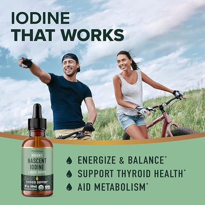 Organic Iodine Liquid for Thyroid Support | Nascent Iodine Supplements | USDA Certified Organic | Decolorized Potassium Iodide Liquid for Thyroid Support | 1100 mcg | 2 Fl Oz, Over 1-Year Supply