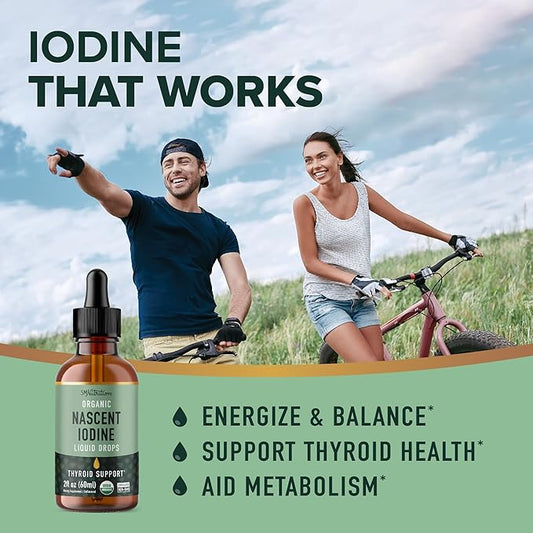 Organic Iodine Liquid for Thyroid Support | Nascent Iodine Supplements | USDA Certified Organic | Decolorized Potassium Iodide Liquid for Thyroid Support | 1100 mcg | 2 Fl Oz, Over 1-Year Supply