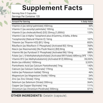 Micro Ingredients Pure Methylated Multivitamin, 240 Capsules | 19-in-1 Formula with Vitamins C, D, B12, Folate, Magnesium, Zinc & More | Supports Daily Wellness & Immune Health | Filler Free, Non-GMO