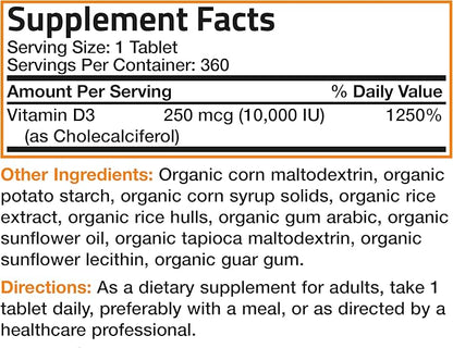 Bronson Vitamin D3 10,000 IU (250 mcg) Certified Organic High Potency Non-GMO Vitamin D Supplement, 360 Tablets