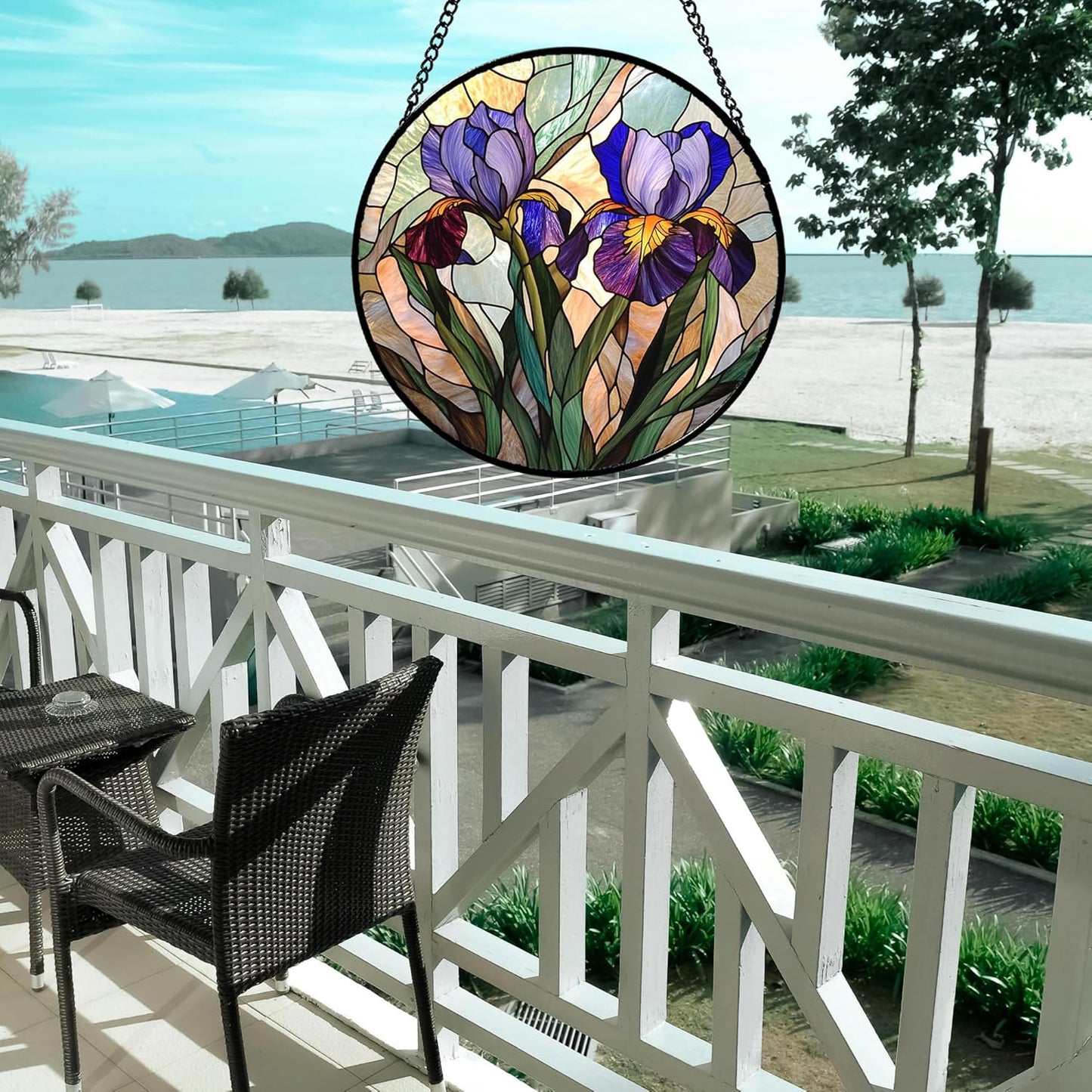 Stained Glass Window Hanging, Purple Blue Iris Birth Flower Suncatcher for Doors Garden Yard Sun Catchers Decor Christmas Mother's Day Birthday Gifts for Teacher Women Mom Nana Wife 9.8 in