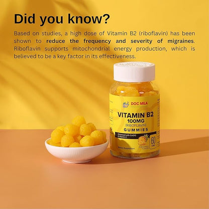 Vitamin B2 100mg Gummies for Adults and Kids - Riboflavin 100 mg Gummy - Migraine Relief Supplement - VIT B2 Supplements