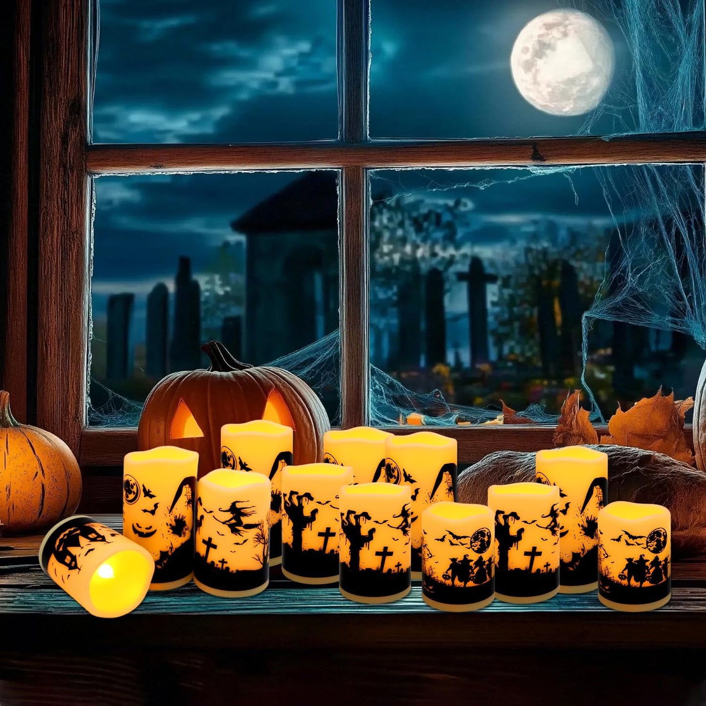 12-Pack Halloween LED Flameless Pillar Candles - Battery Operated with Remote & Timer, Flickering Warm Light, Witch/Bats/Castle Decals - Spooky Halloween Decor, Ghost Party Supplies, Gifts