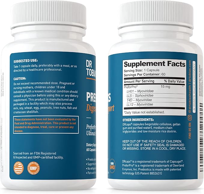 Dr. Tobias Prebiotics Digestive Support, Advanced Prebiotic Supplement for Gut Health, Immune Function & Boost for Probiotics for Women & Men, Vegan, Non-GMO, 60 Capsules, 60 Servings
