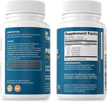 Dr. Tobias Prebiotics Digestive Support, Advanced Prebiotic Supplement for Gut Health, Immune Function & Boost for Probiotics for Women & Men, Vegan, Non-GMO, 60 Capsules, 60 Servings