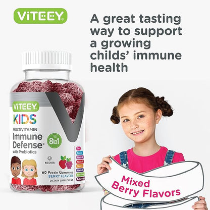 Viteey Kids Multivitamin Gummies with Probiotics - 8-1 Kids Vitamins for Immune Health Support with Vitamin C, D3, B12, B6, Zinc, Elderberry, Selenium - Vegetarian - Chewable Tasty Berry Flavored