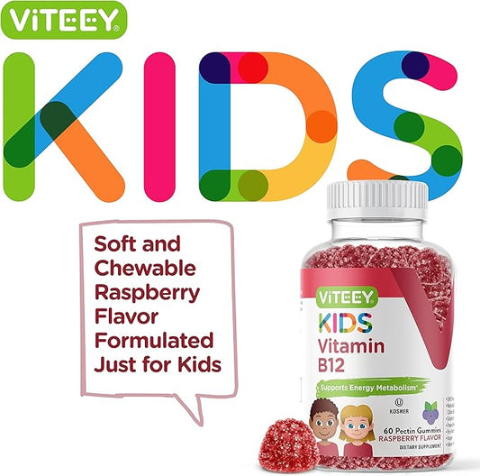 Viteey Vitamin B12 for Kids Gummies, 1000mcg - Metabolism, Natural Energy Support - Vegan, Gelatin Free, Gluten Free, GMO Free - Tasty Chewable B12 Raspberry Flavored Gummy