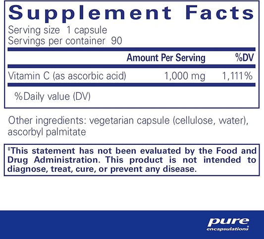 Pure Encapsulations Ascorbic Acid Capsules - 1,000 mg Vitamin C - Antioxidant & Immune Support* - High-Potency Vitamin C - Vegan & Non-GMO - 90 Capsules