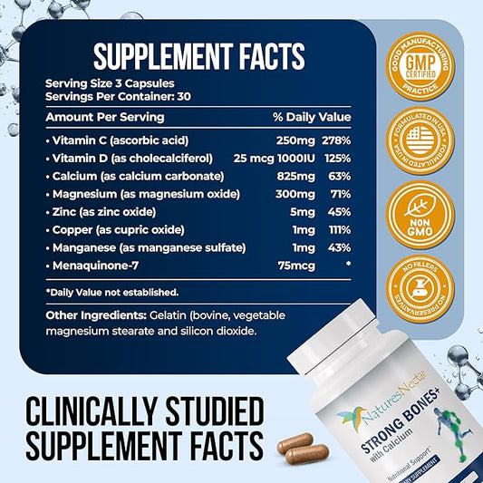 Nature's Nectar Bone & Joint Supplements for Men & Women – Supports Bone Health, Strength & Growth with Calcium, Vitamin D, Magnesium & Strontium – Bone Builder Formula for Maximum Absorption –90 Caps