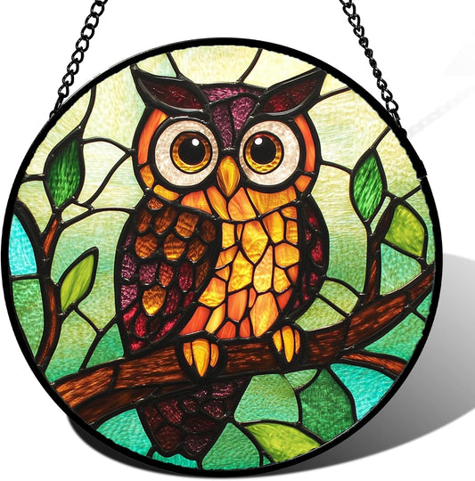 Stained Glass Window Hanging - Owl on a Branch Suncatcher for Doors Window Home Orange Brown Sun Catchers Decor Christmas Mother's Day Birthday Gifts for Teacher Women Men Mom Nana 6.3 in