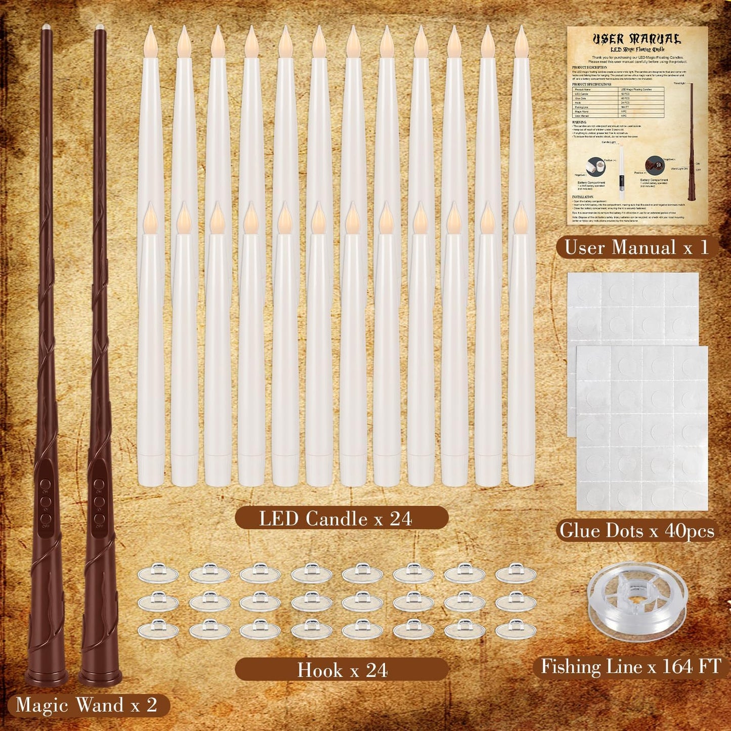 24PCS Floating Candles with Wand, Magic Hanging Candles, Flickering Warm Light LED Taper Flameless Candles with Wand Remote for Halloween,Christmas Party Decorations Indoor Deco,Bset Gift.