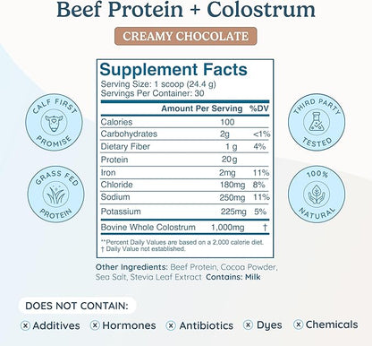 Beef Protein Isolate Powder w/Bovine Colostrum Supplement | Clean, 100% Grass Fed, Carnivore, Keto Friendly | Gluten Free | Helps Build Lean Muscle | 20g of Protein, 30 Servings, Chocolate