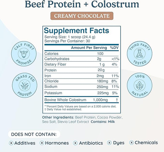 Beef Protein Isolate Powder w/Bovine Colostrum Supplement | Clean, 100% Grass Fed, Carnivore, Keto Friendly | Gluten Free | Helps Build Lean Muscle | 20g of Protein, 30 Servings, Chocolate
