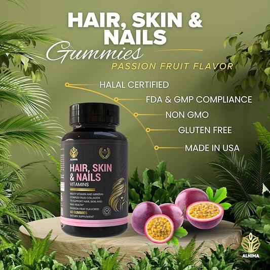 Hair, Skin & Nails Complex – Collagen + Biotin with Essential Vitamins & Zinc – Halal Certified – Beauty Support for Women – 60 Gummies – Made in USA