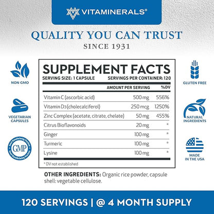 Vitaminerals® Z D C, Zinc Complex 50mg | Vitamin D3 250mcg | Vitamin C 500mg | Ginger | Lysine | Turmeric | Vegetarian Capsules| 120 Servings