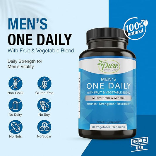 Pure By Nature One-Daily Multivitamin for Men, Immune Support Supplement with Non-GMO Ingredient, Vitamin & Minerals for Energy, 60 Veggie Capsules