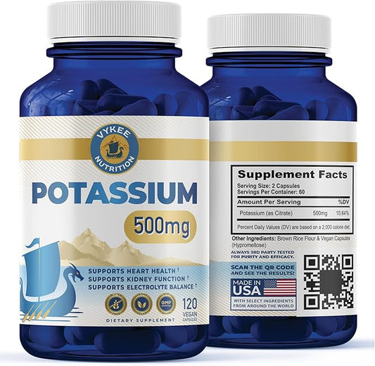 Potassium Citrate Capsules – High-Potency 500mg Potassium Per Serving | Supports Muscle Function, Electrolyte Balance & Heart Health | Vegan, Non-GMO, 120 Capsules