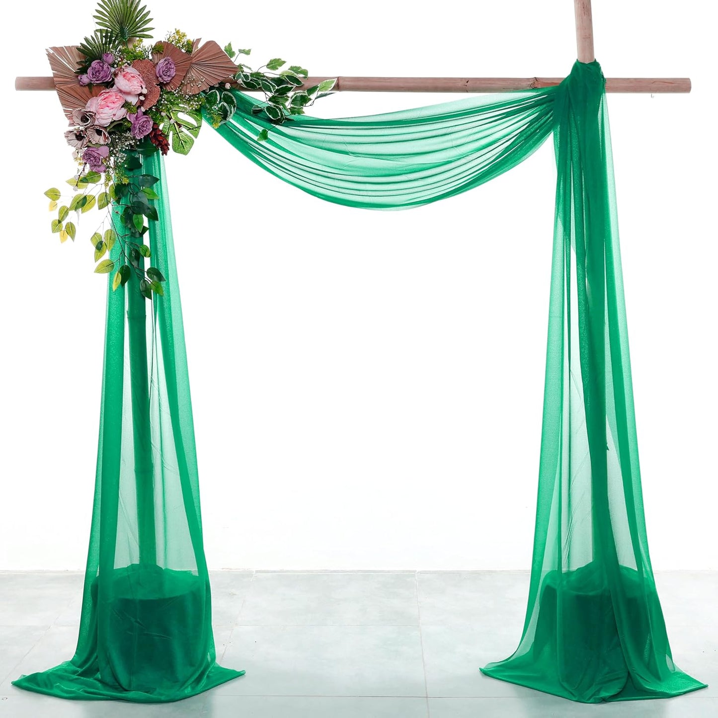 VDS Pack of 2 Panel (30 Inch X 30 Feet) Wedding Arch Draping Fabric Sheer Chiffon Fabric Drapery for Wedding Ceremony Reception Swag Backdrop Canopy Chuppah ARBO Altars Decoration (Emerald)