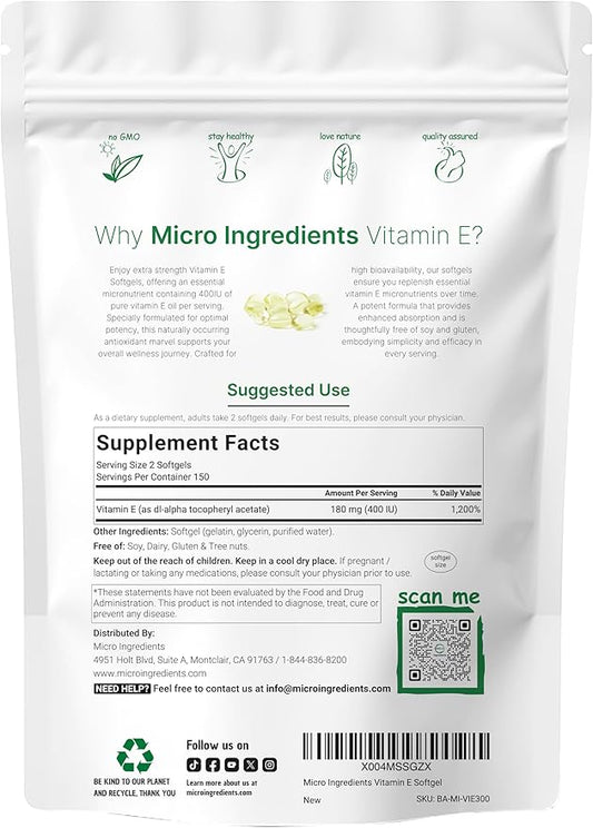Micro Ingredients Vitamin E, 300 Softgels | Pure Vitamin E Oil Pills | Antioxidant Supplements for Skin, Face, Heart, & Immune Health | Non-GMO, Gluten Free