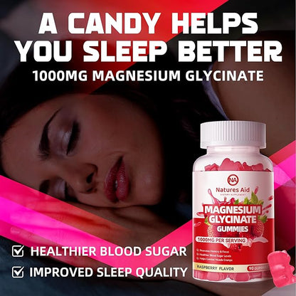 Magnesium Glycinate Gummies 1000mg - Sugar Free Magnesium Potassium Supplement with Vitamin D, B6, CoQ10 for Calm Mood & Sleep Support - 90 Raspberry Gummies.