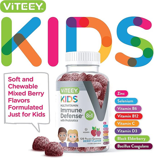 Viteey Kids Multivitamin Gummies with Probiotics - 8-1 Kids Vitamins for Immune Health Support with Vitamin C, D3, B12, B6, Zinc, Elderberry, Selenium - Vegetarian - Chewable Tasty Berry Flavored