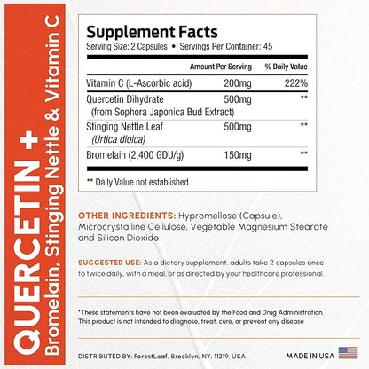 ForestLeaf Quercetin with Bromelain 1350mg - Blend with Vitamin C & Stinging Nettle Supplement, Quercetin 500mg Capsules, Non-GMO Gluten Free, Natural Immune & Respiratory Function, 90 Veggie Caps