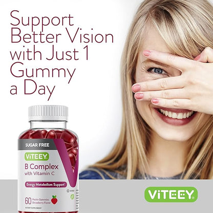 VITEEY Vitamin B Complex Gummies with Vitamin C, Sugar Free - Energy, Metabolism & Nerve Health - B6, B12, Folic Acid, Biotin - Vegan, Gelatin Free, GMO Free - Tasty Chewable Strawberry Flavored Gummy