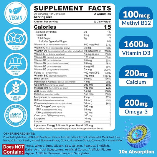 Methylated Multivitamin for Men Gummies, Vegan Omega 3, CoQ10, Zinc, Vitamin A C D3 K2 E B Complex, Calcium, Magnesium, Lycopene - Liposomal Vitamins - Energy, Immune, Bone, Brain, Sugar Free, 120 Cts