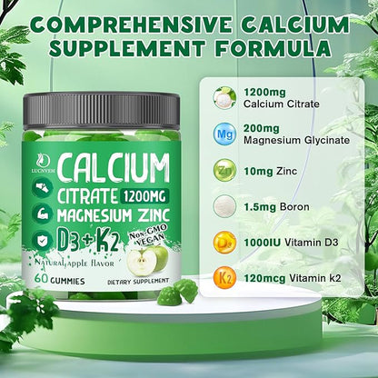 (2 Pack) Calcium Citrate 1200 mg with Vitamin D3 Gummies for Women & Men, Calcium Magnesium Zinc with Vitamin D3 K2 Supplement for Bone & Teeth Support, Natural Apple Flavor - 60 Day Vegan Supply